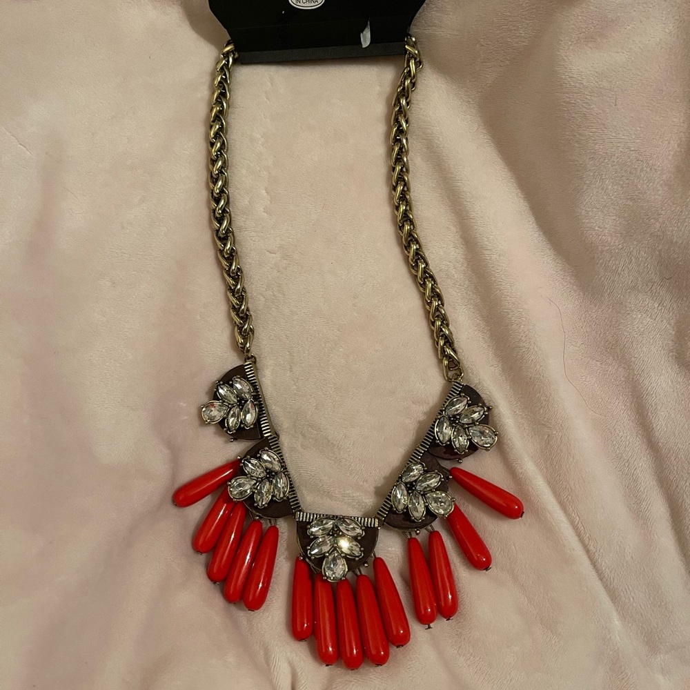 J crew coral orange bead & rhinestone gold tone statement necklace